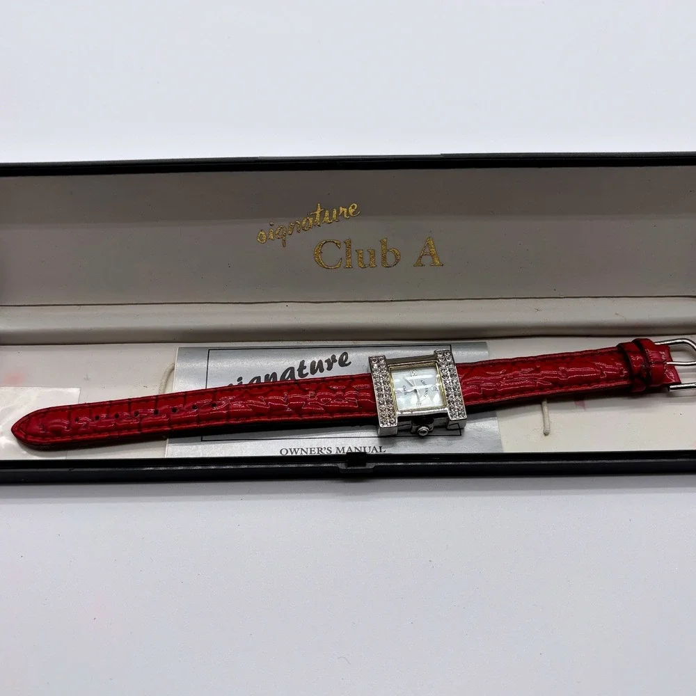 Adrienne Signature Club A Womens Square Rhinestone Bezel Red Croc Leather Band